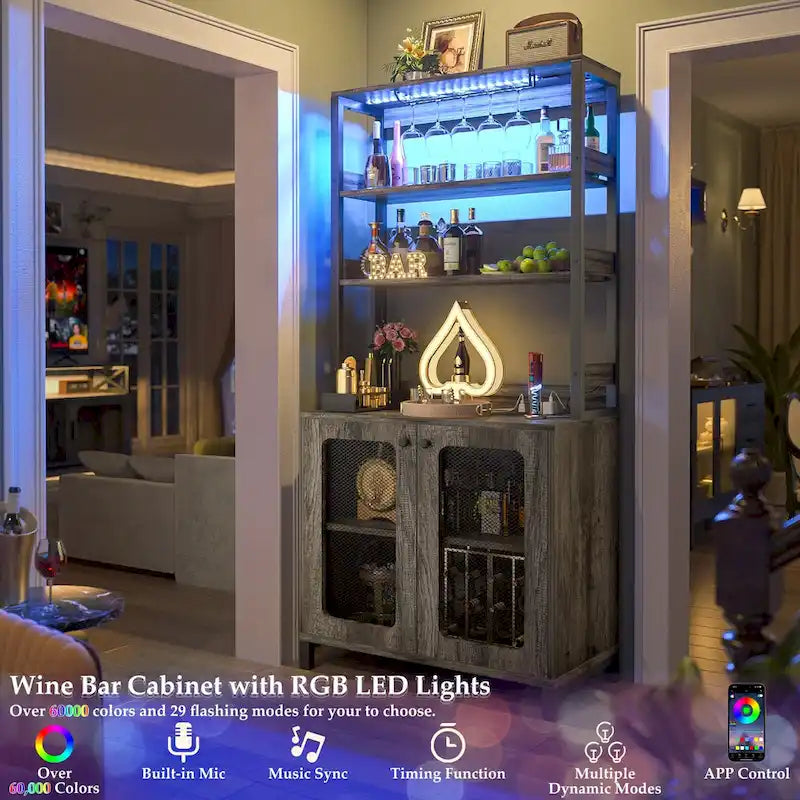 Meuble Bar à Vin de 170 cm de haut avec lumières LED, porte-verres et prises de courant