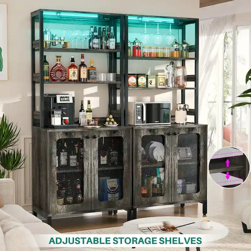 Meuble Bar à Vin de 170 cm de haut avec lumières LED, porte-verres et prises de courant