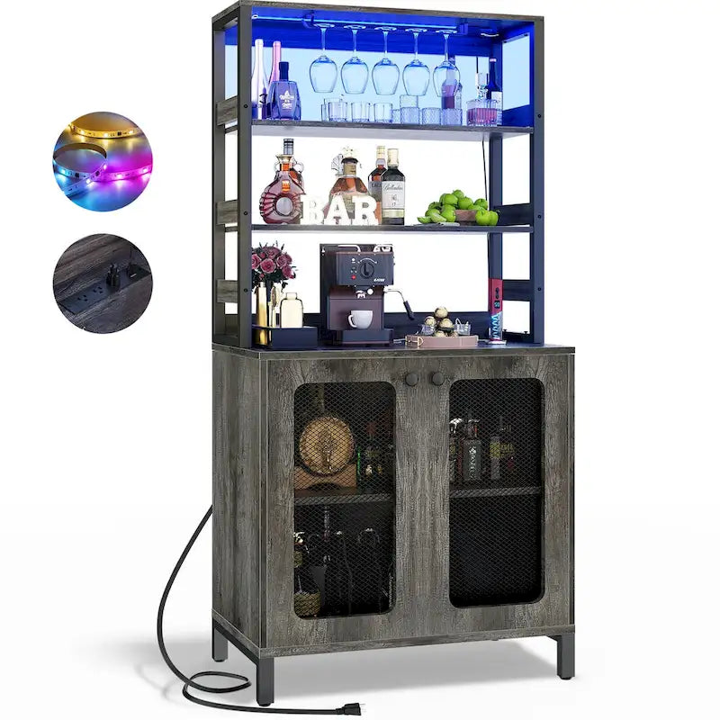 Meuble Bar à Vin de 170 cm de haut avec lumières LED, porte-verres et prises de courant