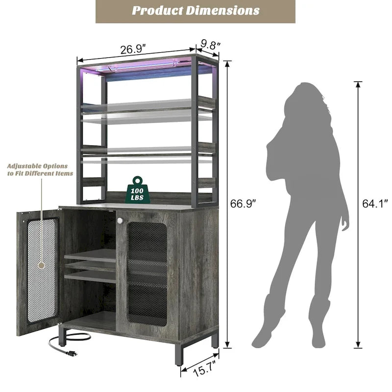 Meuble Bar à Vin de 170 cm de haut avec lumières LED, porte-verres et prises de courant