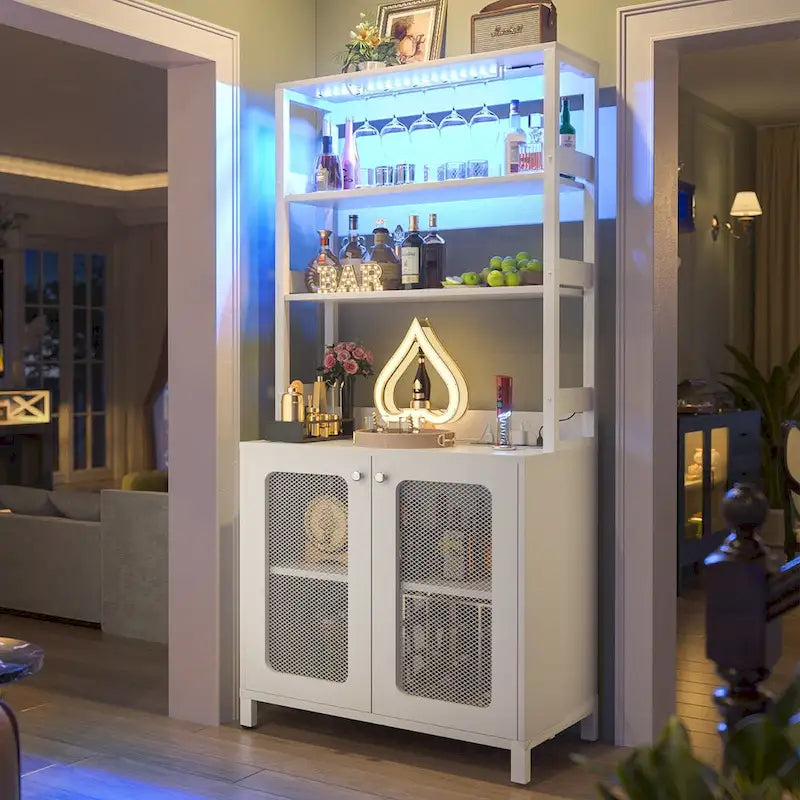 Meuble Bar à Vin de 170 cm de haut avec lumières LED, porte-verres et prises de courant