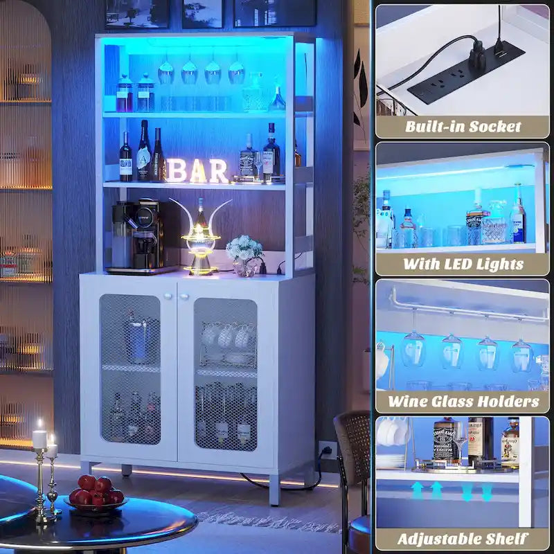 Meuble Bar à Vin de 170 cm de haut avec lumières LED, porte-verres et prises de courant