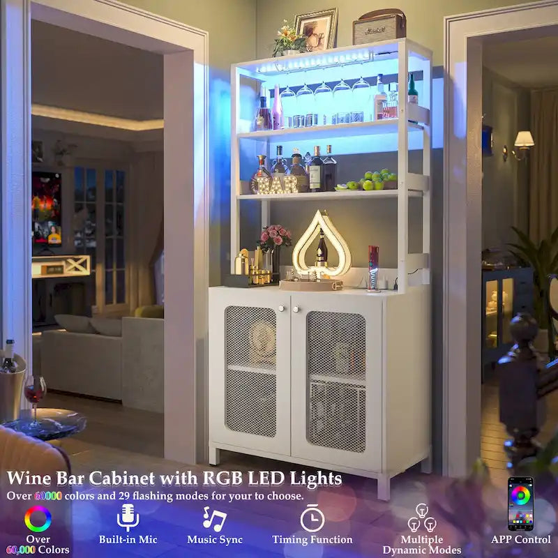 Meuble Bar à Vin de 170 cm de haut avec lumières LED, porte-verres et prises de courant