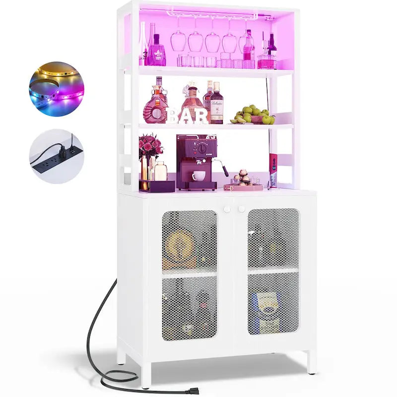 Meuble Bar à Vin de 170 cm de haut avec lumières LED, porte-verres et prises de courant