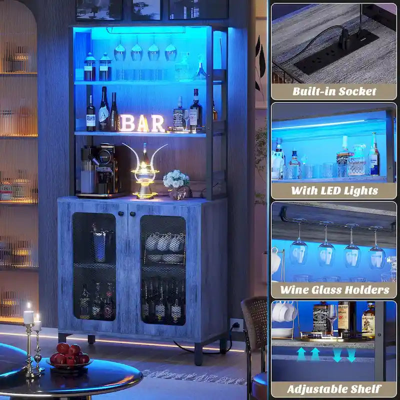 Meuble Bar à Vin de 170 cm de haut avec lumières LED, porte-verres et prises de courant