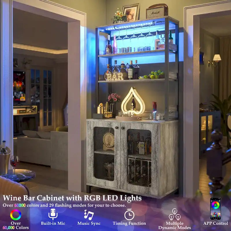 Meuble Bar à Vin de 170 cm de haut avec lumières LED, porte-verres et prises de courant