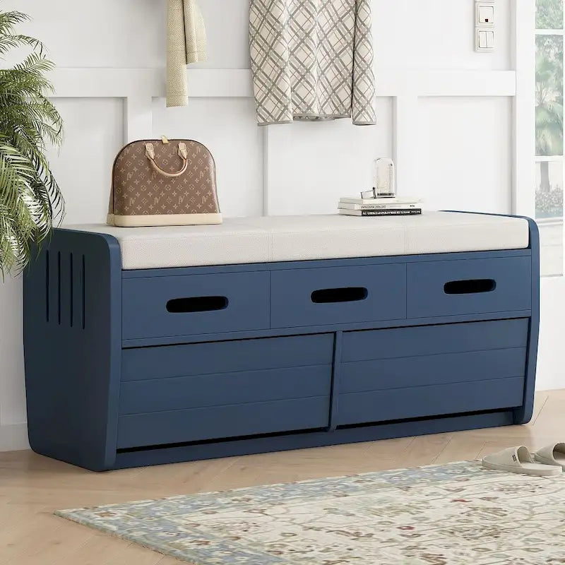 Banc de rangement capitonné en bois d'acacia style ferme de 43 pouces avec 5 tiroirs