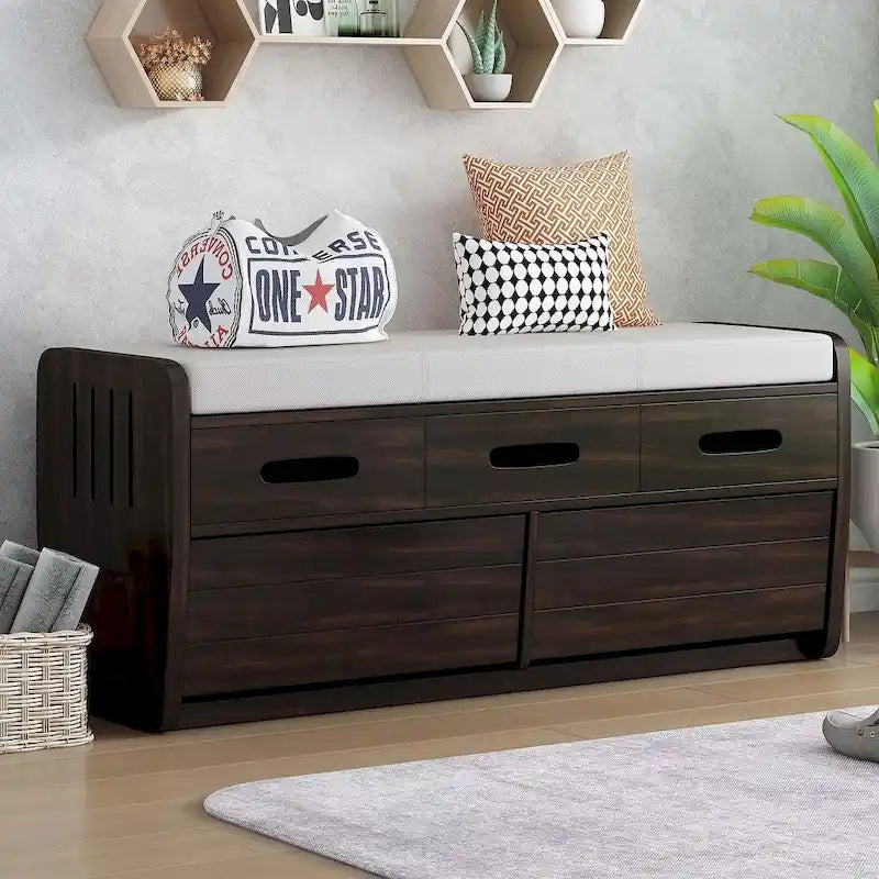 Banc de rangement capitonné en bois d'acacia style ferme de 43 pouces avec 5 tiroirs