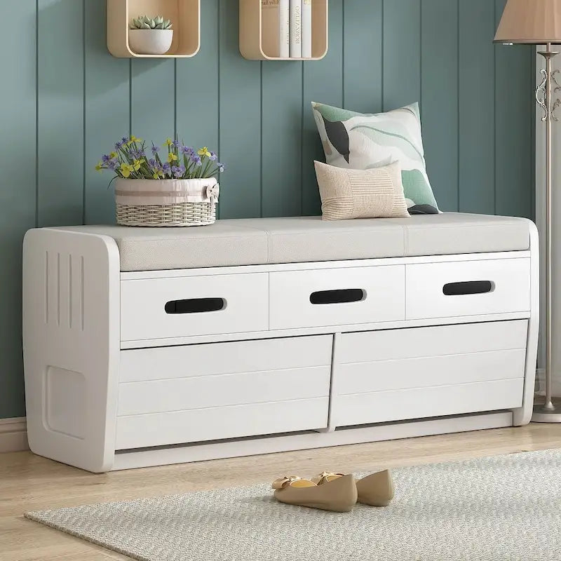Banc de rangement capitonné en bois d'acacia style ferme de 43 pouces avec 5 tiroirs