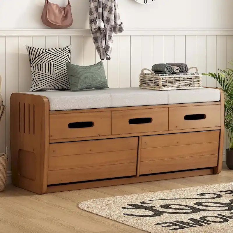 Banc de rangement capitonné en bois d'acacia style ferme de 43 pouces avec 5 tiroirs
