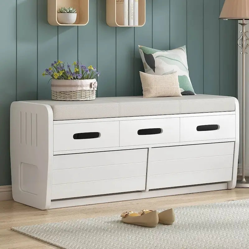 Banc de rangement capitonné en bois d'acacia style ferme de 43 pouces avec 5 tiroirs