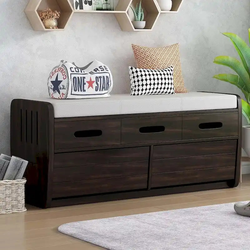 Banc de rangement capitonné en bois d'acacia style ferme de 43 pouces avec 5 tiroirs