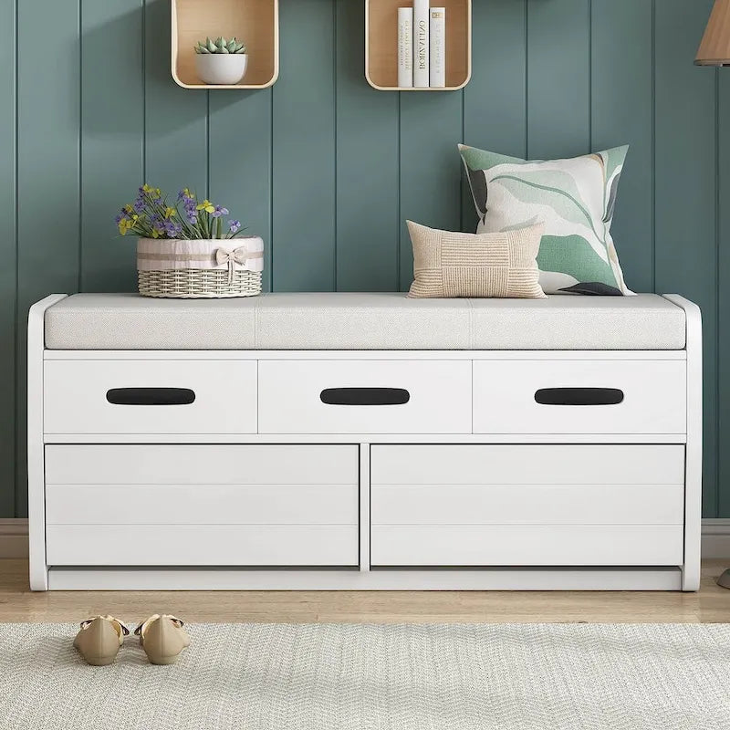 Banc de rangement capitonné en bois d'acacia style ferme de 43 pouces avec 5 tiroirs