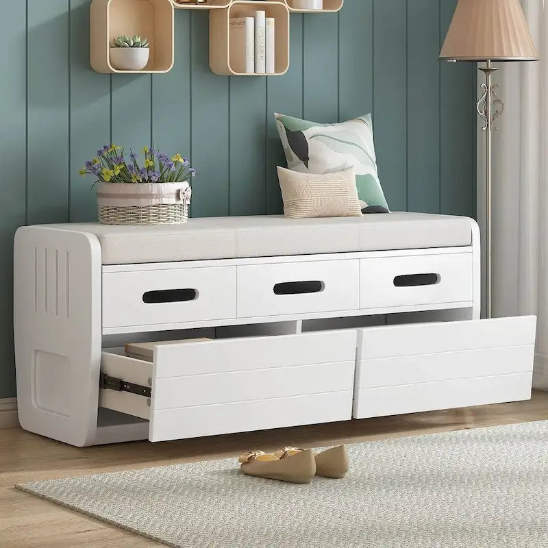 Banc de rangement capitonné en bois d'acacia style ferme de 43 pouces avec 5 tiroirs