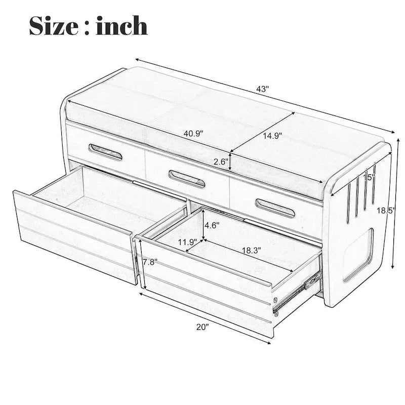 Banc de rangement capitonné en bois d'acacia style ferme de 43 pouces avec 5 tiroirs