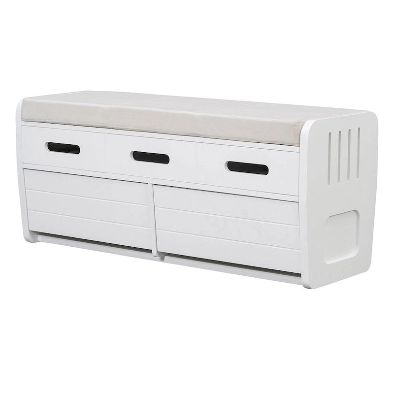 Banc de rangement capitonné en bois d'acacia style ferme de 43 pouces avec 5 tiroirs