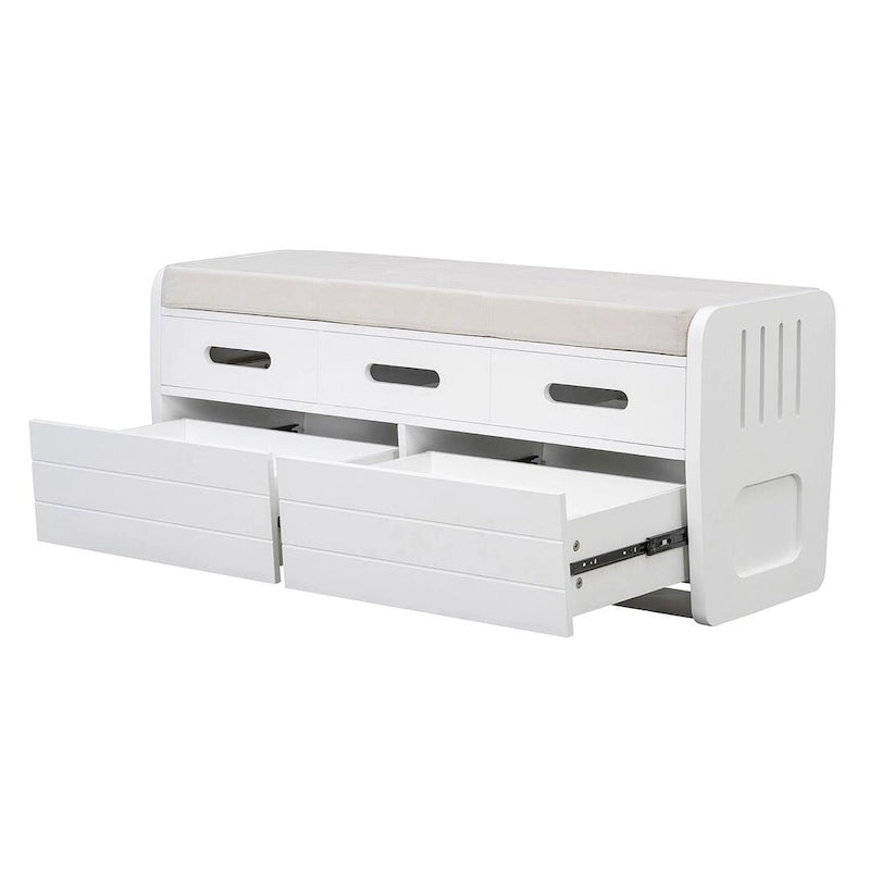 Banc de rangement capitonné en bois d'acacia style ferme de 43 pouces avec 5 tiroirs