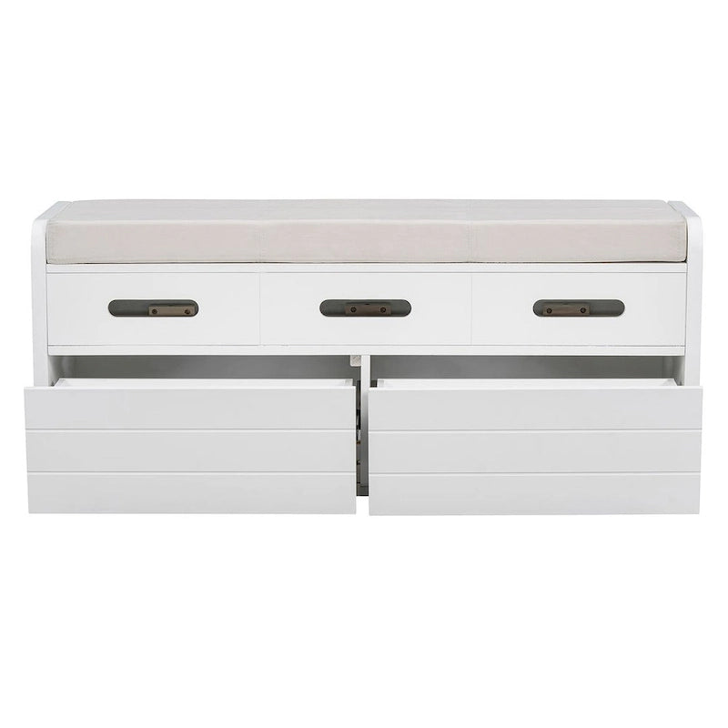 Banc de rangement capitonné en bois d'acacia style ferme de 43 pouces avec 5 tiroirs