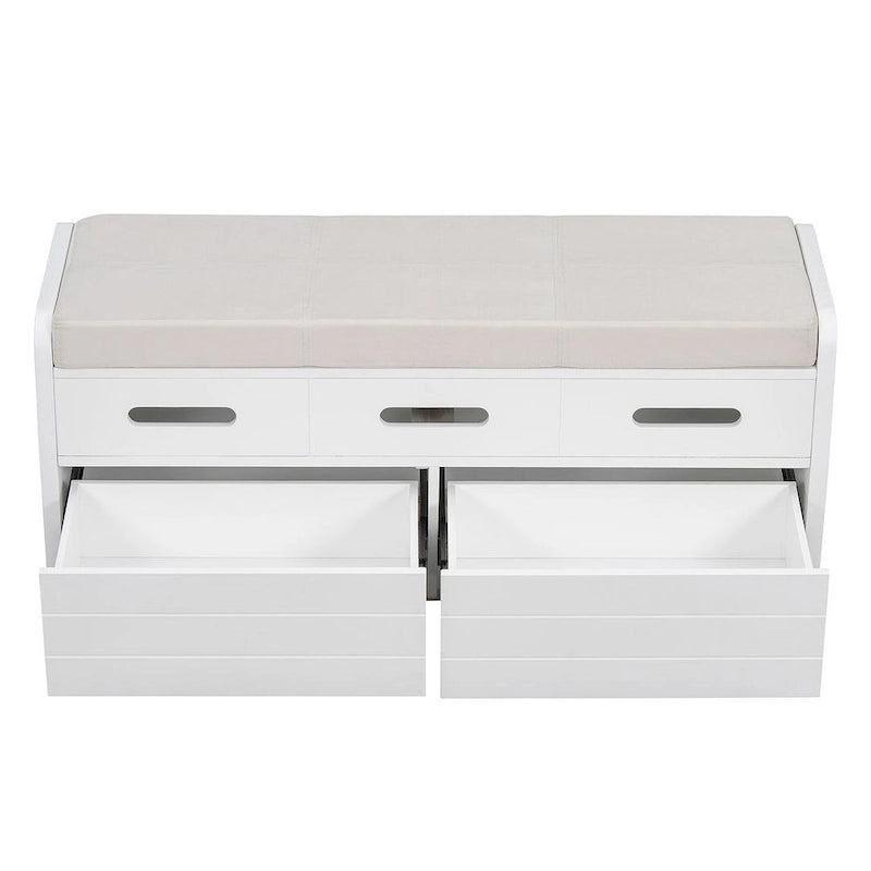 Banc de rangement capitonné en bois d'acacia style ferme de 43 pouces avec 5 tiroirs