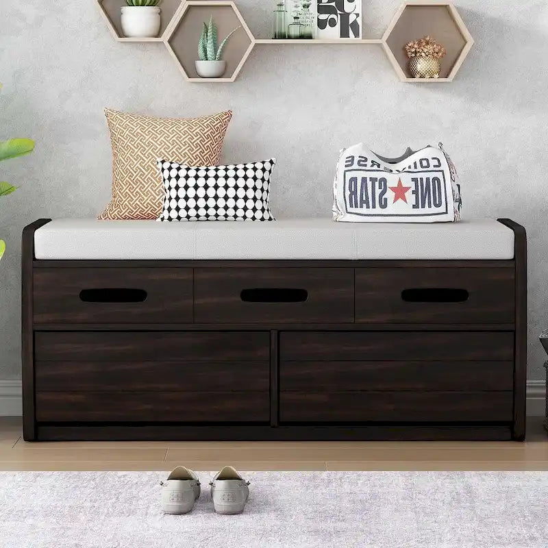 Banc de rangement capitonné en bois d'acacia style ferme de 43 pouces avec 5 tiroirs