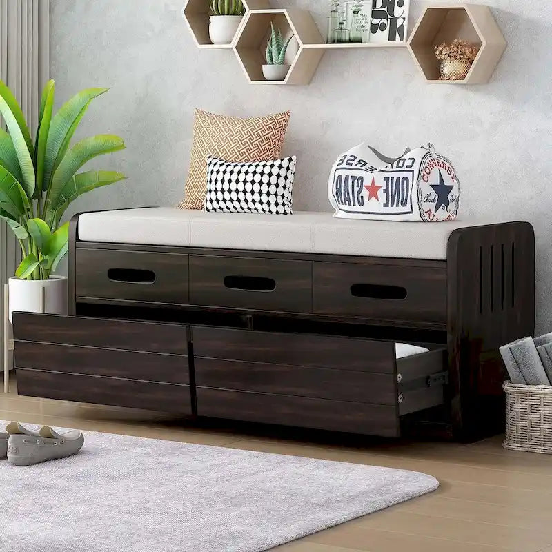 Banc de rangement capitonné en bois d'acacia style ferme de 43 pouces avec 5 tiroirs