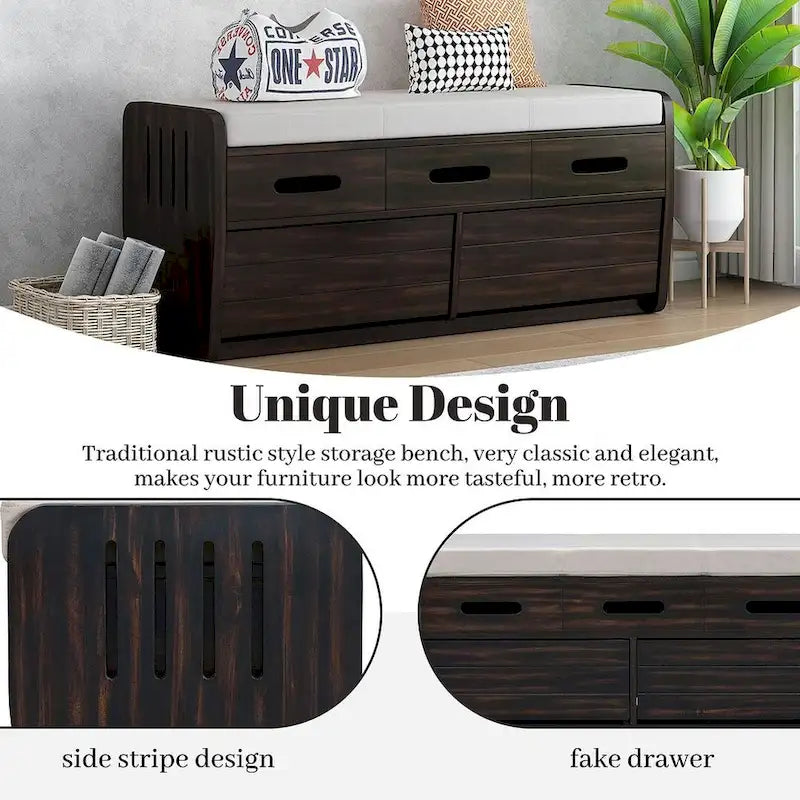 Banc de rangement capitonné en bois d'acacia style ferme de 43 pouces avec 5 tiroirs