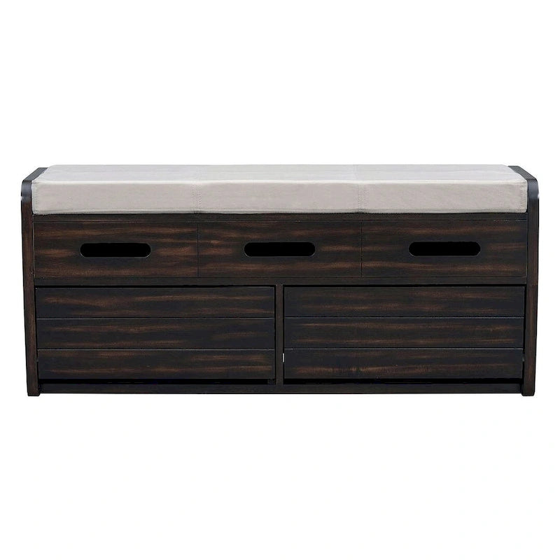 Banc de rangement capitonné en bois d'acacia style ferme de 43 pouces avec 5 tiroirs