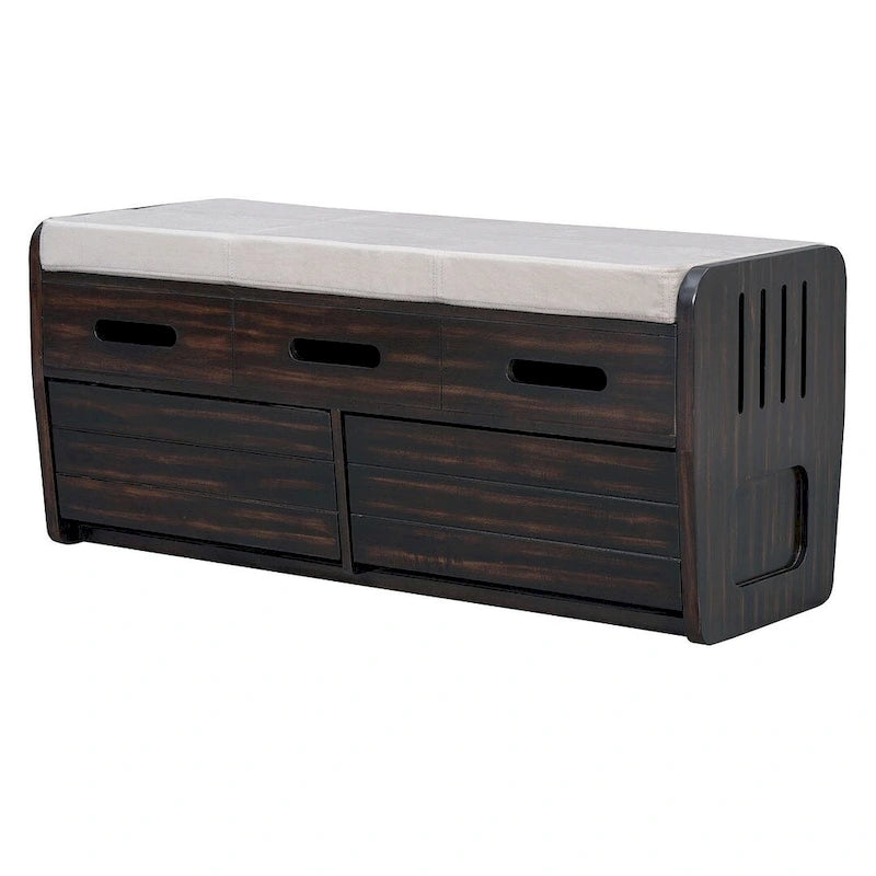 Banc de rangement capitonné en bois d'acacia style ferme de 43 pouces avec 5 tiroirs