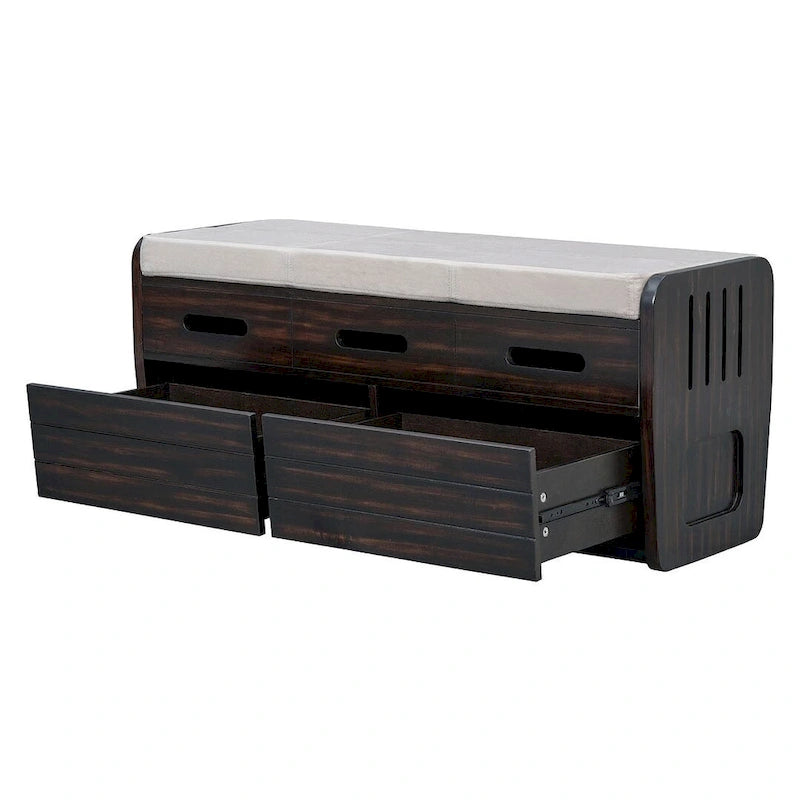 Banc de rangement capitonné en bois d'acacia style ferme de 43 pouces avec 5 tiroirs