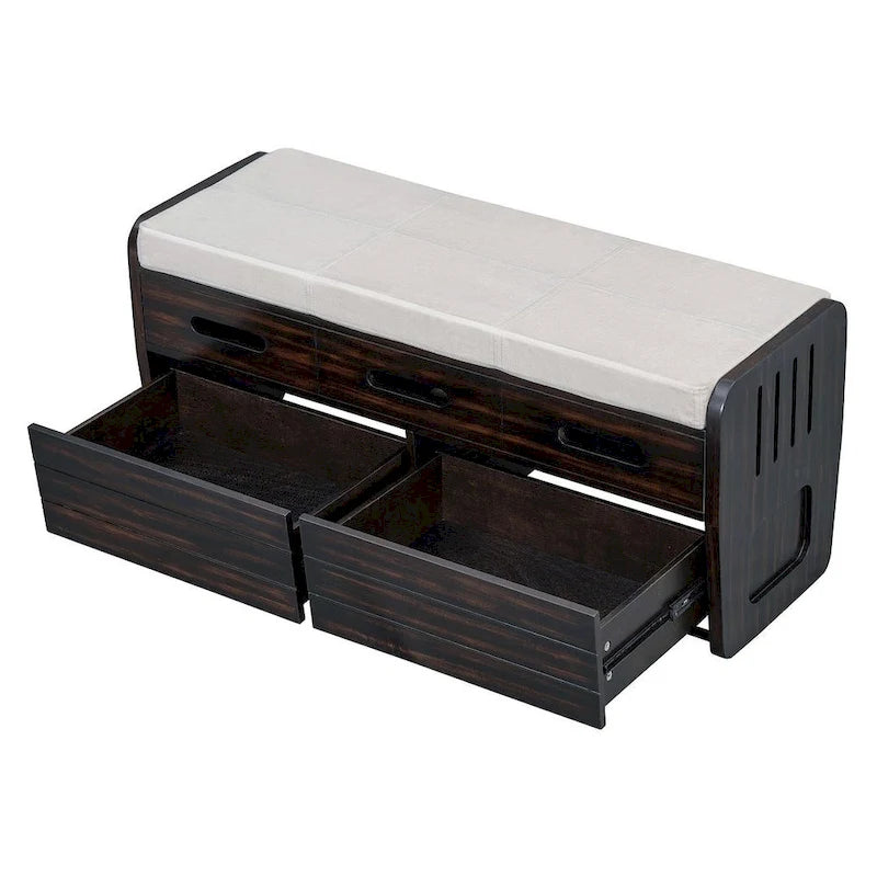Banc de rangement capitonné en bois d'acacia style ferme de 43 pouces avec 5 tiroirs