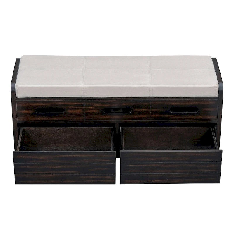 Banc de rangement capitonné en bois d'acacia style ferme de 43 pouces avec 5 tiroirs
