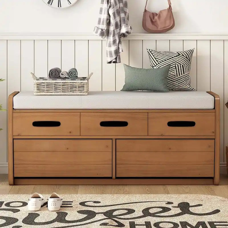 Banc de rangement capitonné en bois d'acacia style ferme de 43 pouces avec 5 tiroirs