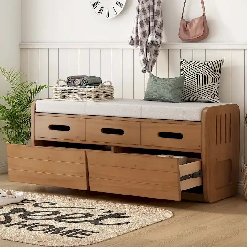 Banc de rangement capitonné en bois d'acacia style ferme de 43 pouces avec 5 tiroirs