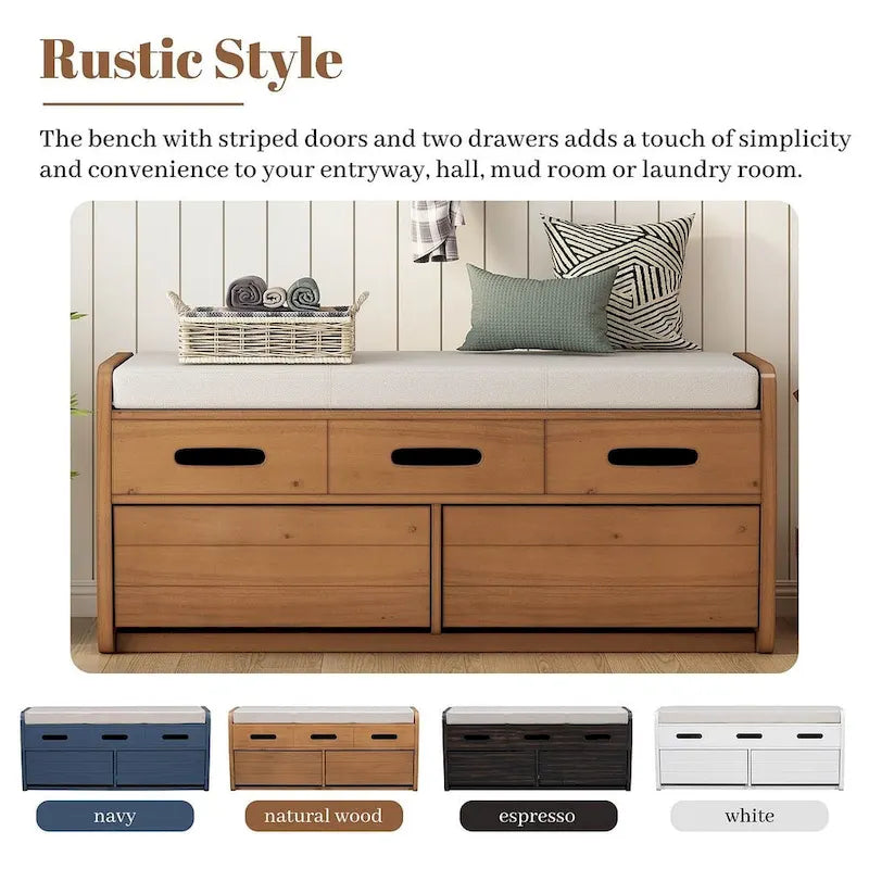 Banc de rangement capitonné en bois d'acacia style ferme de 43 pouces avec 5 tiroirs