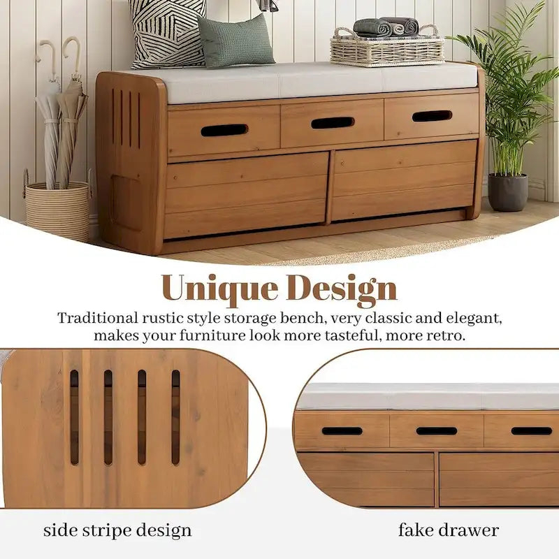 Banc de rangement capitonné en bois d'acacia style ferme de 43 pouces avec 5 tiroirs