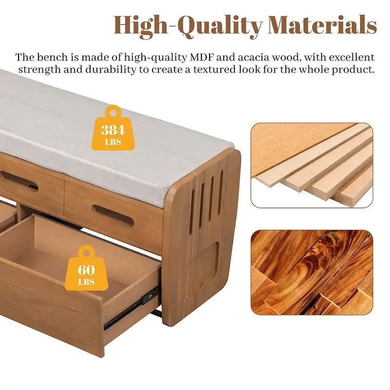 Banc de rangement capitonné en bois d'acacia style ferme de 43 pouces avec 5 tiroirs