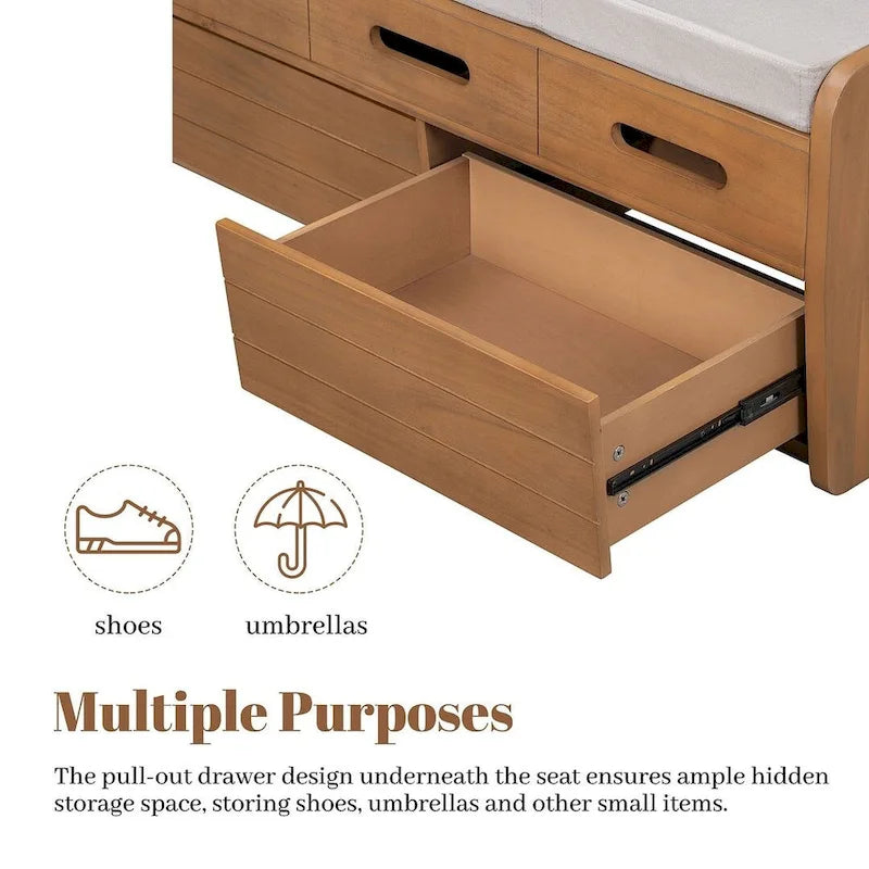 Banc de rangement capitonné en bois d'acacia style ferme de 43 pouces avec 5 tiroirs