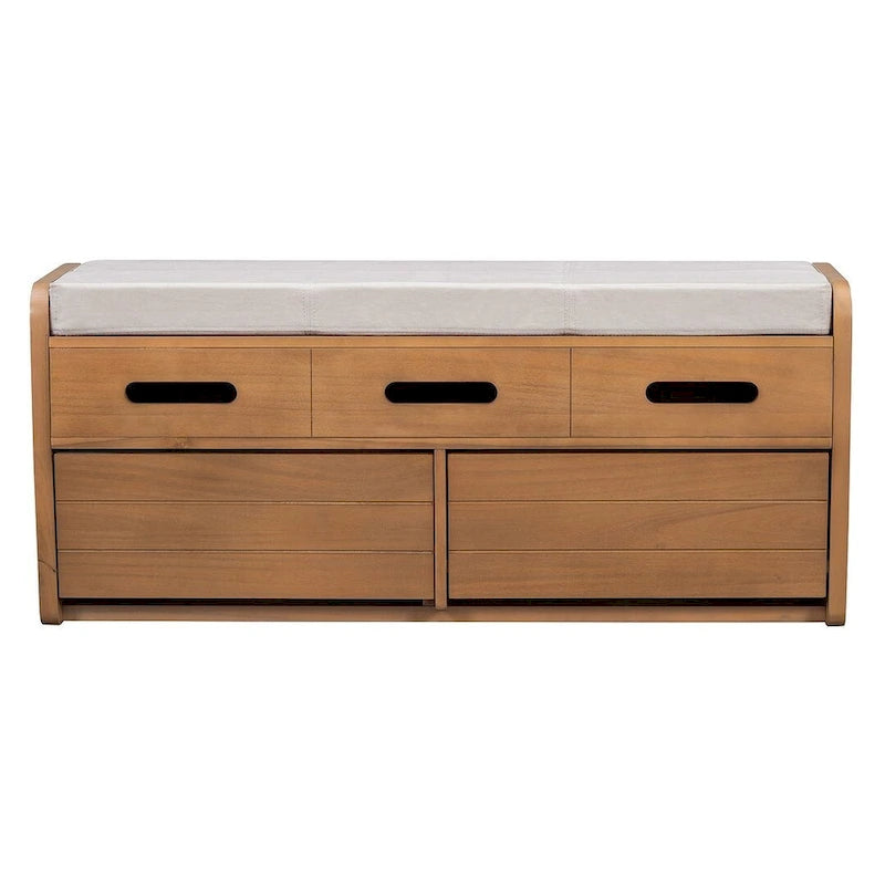 Banc de rangement capitonné en bois d'acacia style ferme de 43 pouces avec 5 tiroirs
