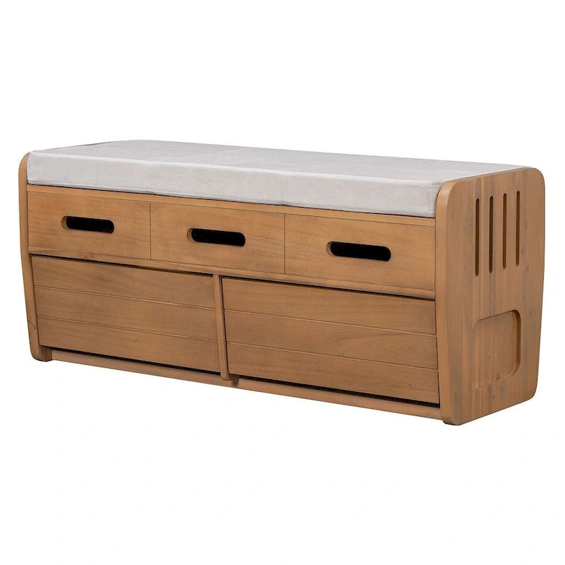 Banc de rangement capitonné en bois d'acacia style ferme de 43 pouces avec 5 tiroirs