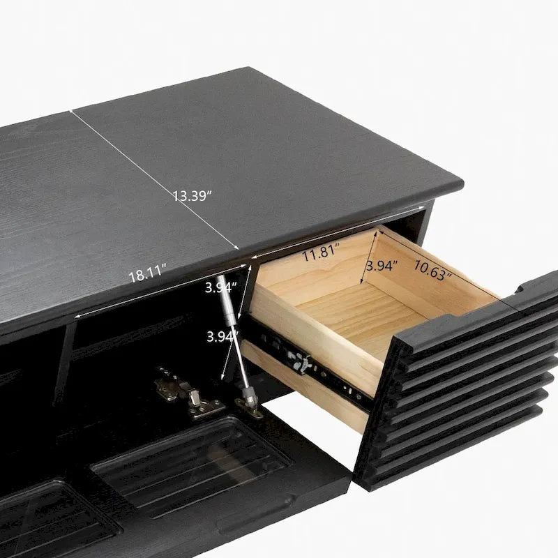 Meuble TV minimaliste avec tiroirs, console multimédia en bois massif avec placards, porte abattante, placage noyer, livré entièrement assemblé