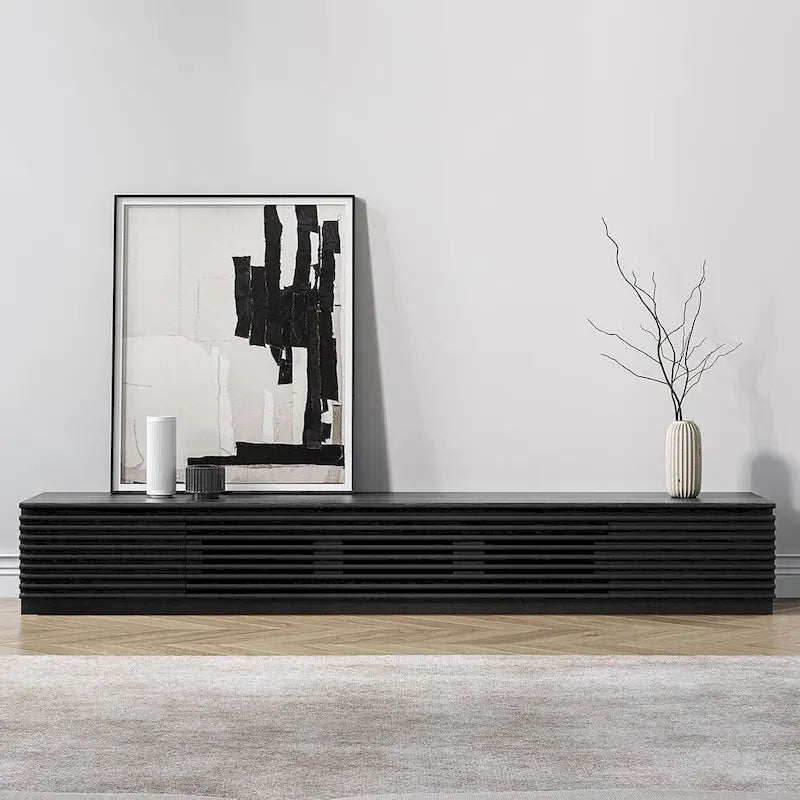 Meuble TV minimaliste avec tiroirs, console multimédia en bois massif avec placards, porte abattante, placage noyer, livré entièrement assemblé