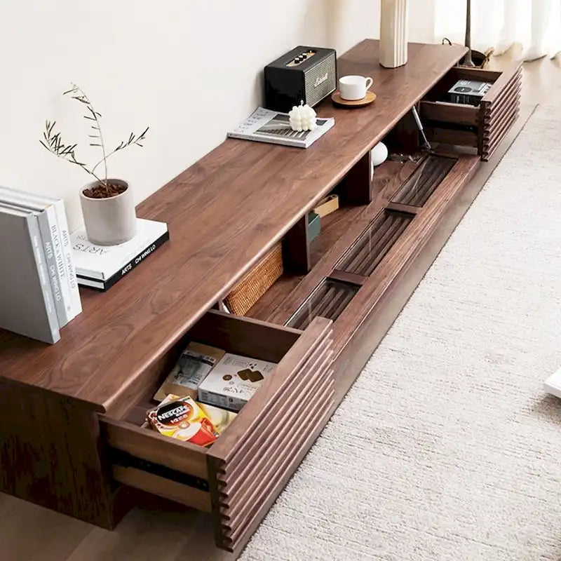 Meuble TV minimaliste avec tiroirs, console multimédia en bois massif avec placards, porte abattante, placage noyer, livré entièrement assemblé