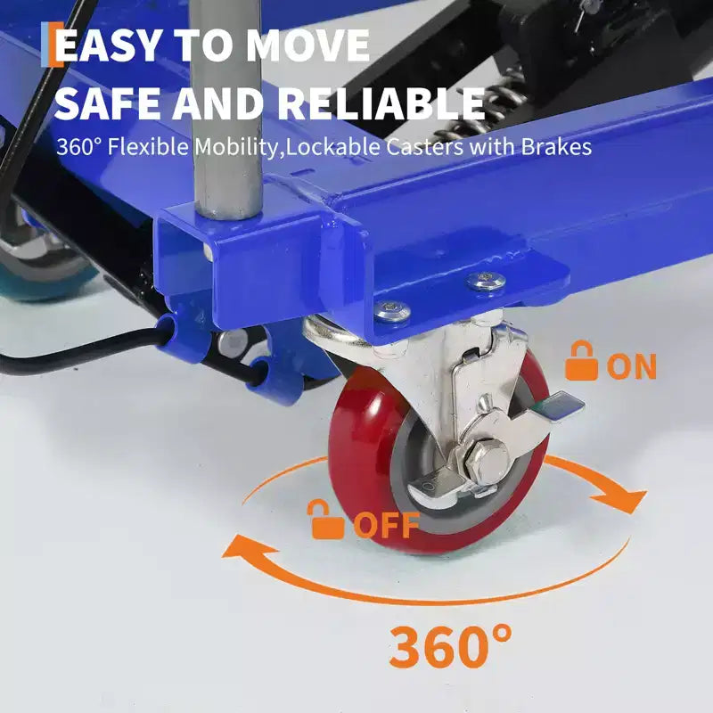 Chariot de table élévatrice hydraulique, capacité de 150 kg, hauteur de levage de 127 cm, patin antidérapant, 4 roues et bandes réfléchissantes, pour la manutention et le transport de matériaux.